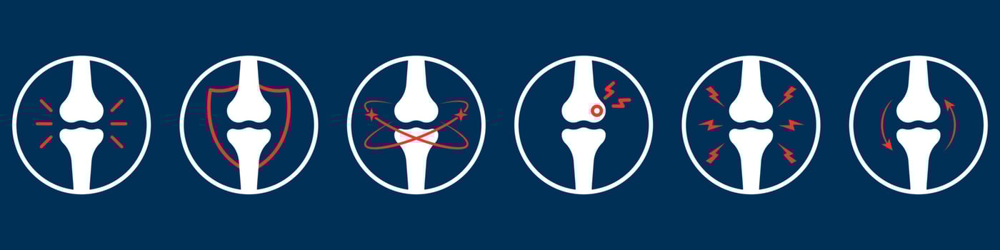 Bones Pain Icon Set. Rheumatology and Traumatology Concept. Ache of Knee, Hand, Leg Skeleton. Bones Joint Illness Icon. Arthritis, Osteoporosis, Bone Injury and Inflammation. Vector Illustration.
