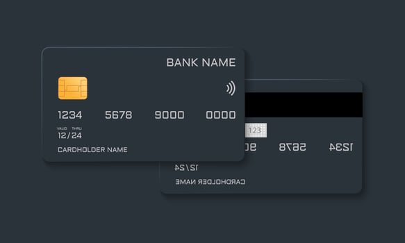 Plastic Credit Card Mockup Design. Blue Mock Up of Debit Bank Card with Golden Chip. Template of Front and Back Plastic Bank Card. Concept of Business Payment Money. Isolated Vector Illustration.