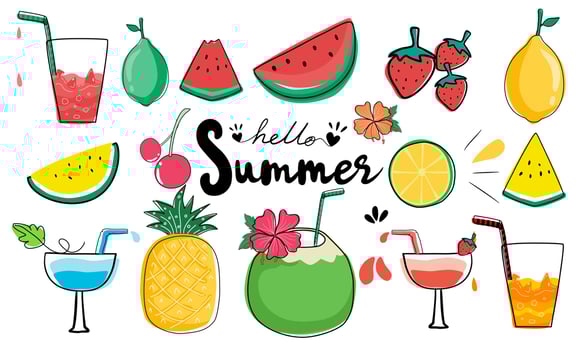 Set of vector illustrations Colorful fruit elements designed in doodle style. for summer theme