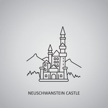 Neuschwanstein castle icon on grey background. Germany, Schwangau. Line icon vector