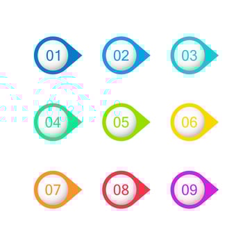 Colorful number bullet points. Flat circles with numbers from 1 to 9. Vector