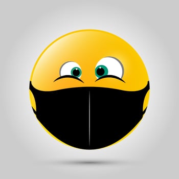 Emoji with black mouth mask. Yellow emoji icon on grey template. Vector illustration