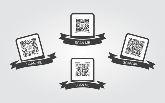 Collection creative concept qr code icon. Scan me. Frame with ribbon for qr code. Vector