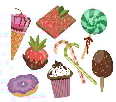 set of cartoon candy icons. Vector illustration of cupcake, donut, waffle, ice cream for holidays, packaging, menus and recipes.