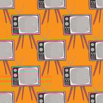 Retro seamless pattern with tv simple ornament. Grey technic on bright orange background. vector