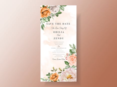 Beautiful wedding invitation card with elegant flower and leaves watercolor vector