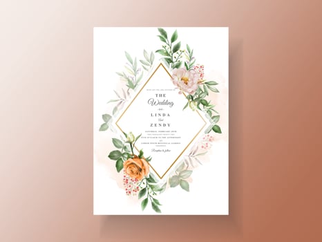 Beautiful wedding invitation card with elegant flower and leaves watercolor vector