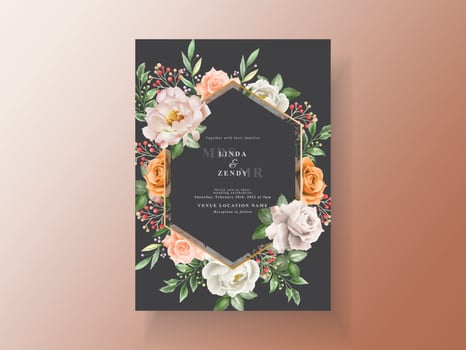 Beautiful wedding invitation card with elegant flower and leaves watercolor vector