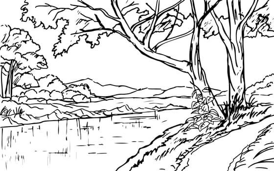 Rural forest landscape with river sketch illustration vector