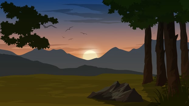 River flows through forest with sunrise vector