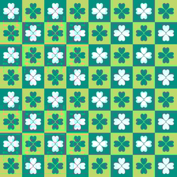Green seamless pattern st Patric day background with shades of green and white clover lucky leaf in checked pattern vector