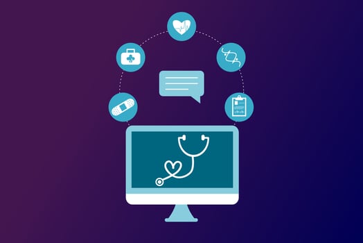 Online health tele medicine flat illustration. Online medical healthcare consultation and treatment via application of computer connected internet clinic. Online ask doctor consultation technology. vector