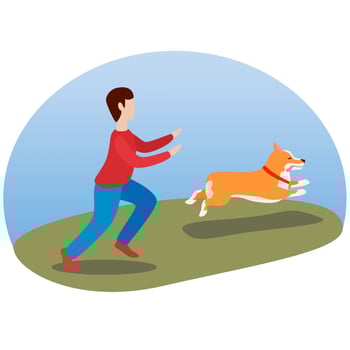 A man walking his dog. Happy cute dog. Welsh Corgi. Puppy fun runs, sticking out his tongue. vector