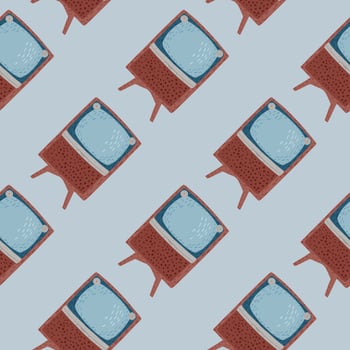 Simple doodle seamless pattern with brown vintage television print. Blue background. vector