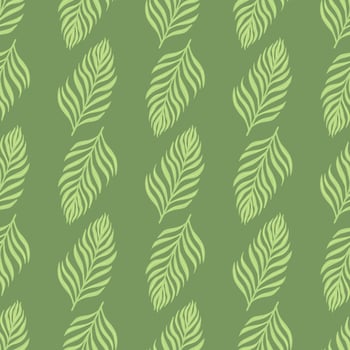 Exotic nature seamless doodle pattern with simple green fern silhouettes. Pastel tones exotic foliage artwork. vector
