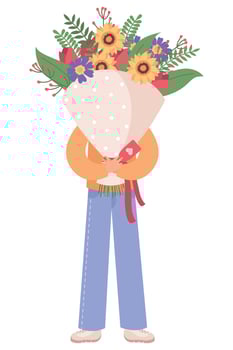 Man with a bouquet of flowers. Congratulations happy birthday, Valentine's Day and International Women's Day. Flat vector illustration on a white background