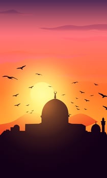 Dark mosque silhouette on colorful orange and violet sunset sky and clouds background. Vector banner illustration