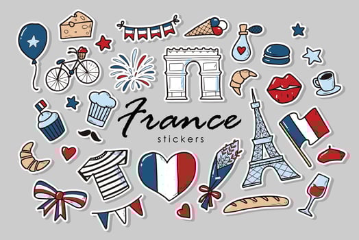 set of of France stickers. French doodles isolated on grey background. Good for prints, icons, logos, posters, cards, etc. Bastille day theme. EPS 10 vector