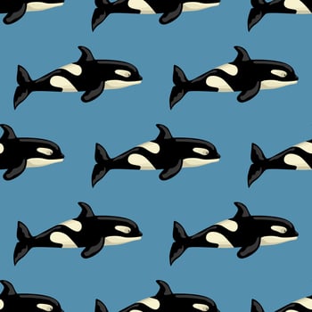 Seamless pattern Orca on blue background. Template of cartoon character of ocean for children. vector