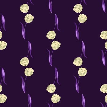 Dark seamless nature pattern with doodle tulip flower elements. Purple background. Decorative print. vector