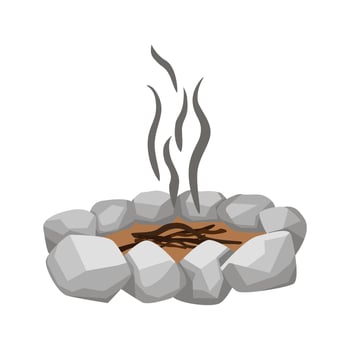 Burn out campfire between stone isolated on white background. Hiking fireplace in flat style. vector