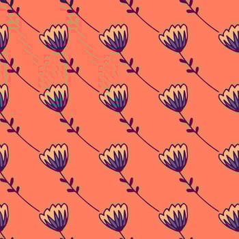 Simple stylized seamless pattern with tulip abstract figures. Blue flowers ornament on coral background. vector