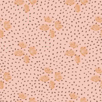 Orange outline flower buds seamless pattern. Thorn shapes ornament on pink dotted background. vector
