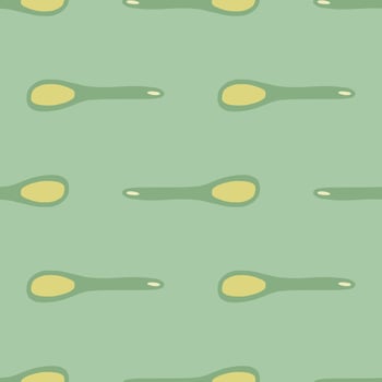 Simple seamless pattern with spoon doodle ornament. Blue and yellow pale colored kitchen backdrop. vector