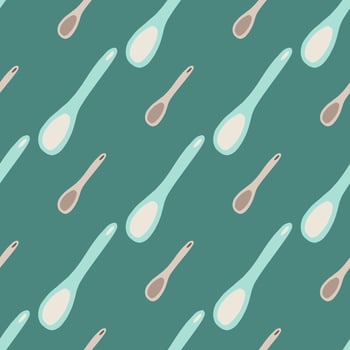 Seamless pattern with cooking spoon ornament. Stylized kitchen tools in blue and beige colors on dark turquoise background. vector