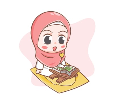Cute muslim girl reading Quran in ramadan cartoon illustration vector