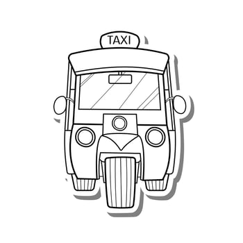 Drawing black line small taxi public tricycle in Thailand Called 'TUK TUK'. Coloring pictures for children or those interested. Vector illustration about Famous item of Thailand.