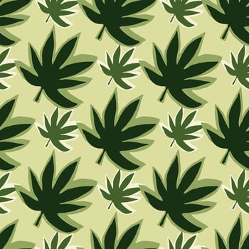 Seamless pattern with endless cannabis leaves on pastel yellow background. vector