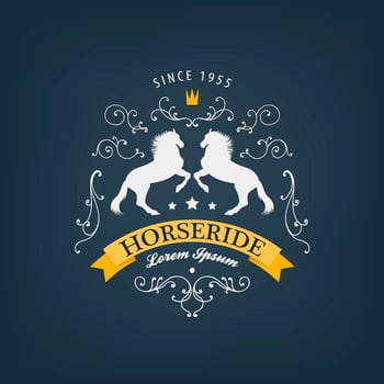 Vector horses logo, emblem. Vintage style with swirls and ribbon