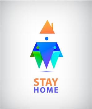 Vector stay home logo. Family of 3 sitting home, origami 3d icon. Quarantine or self-isolation. Health care concept. coronavirus, covid-19 global viral epidemic or pandemic