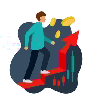 The trader moves up the charts. Trading, quotes, stocks, investment concept. Flat cartoon vector