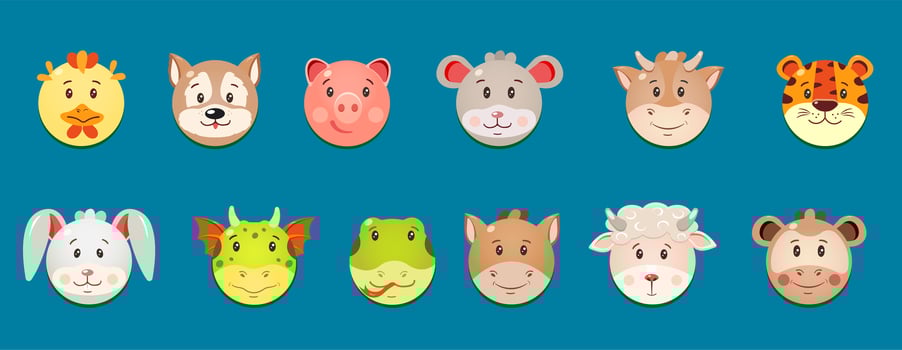 Round cute faces of Chinese horoscope animals in cartoon style. vector