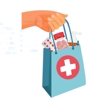 The hand holds pharmaceutical package with drugs, pills, spray inside. vector