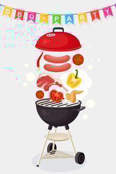 Portable round barbecue with grill sausage, beef steak, ribs, fried meat vegetables isolated on background. BBQ device for picnic, family party. Barbeque icon. Cookout event concept Vector flat design