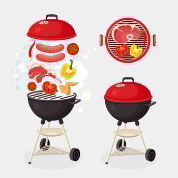 Portable round barbecue with grill sausage, beef steak, ribs, fried meat vegetables isolated on background. BBQ device for picnic, family party. Barbeque icon. Cookout event concept Vector flat design