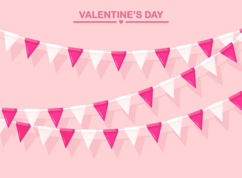 Pink banner with garland of colour festival flags and ribbons, bunting. Background for celebrate valentines day, happy birthday party, carnaval, fair. Vector flat design