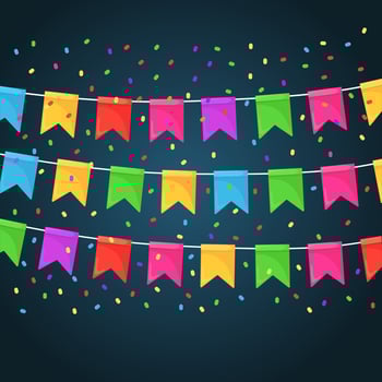 Banner with garland of colour festival flags and ribbons, bunting. Background for celebrate happy birthday party, carnaval, fair. Vector flat design