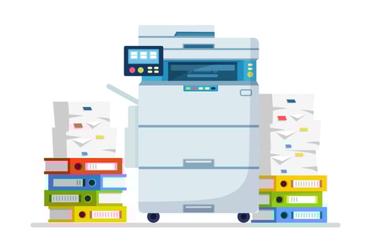 Printer, office machine with paper, document stack. Scanner, copy equipment. Paperwork. Multifunction device. Vector cartoon design