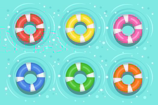 Life buoy floating in swimming pool. Beach rubber ring on water isolated on background. Lifebuoy, cute toy for children. Inflatable circle. Ship Rescue belt for saving people. Vector cartoon flat icon