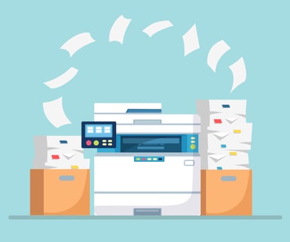 Printer, office machine with paper, document stack. Scanner, copy equipment. Multifunction device. Paperwork with carton, cardboard box. Vector cartoon design