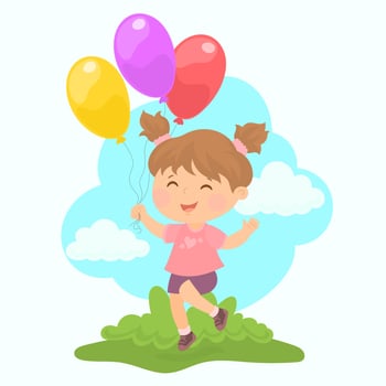 Young girl holds a large bunch of helium filled balloons vector