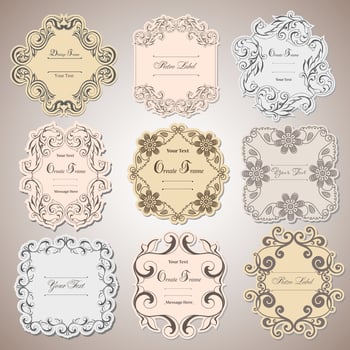 Vintage labels frames art-deco vector image. Vector damask vintage baroque scroll ornament swirl. Victorian monogram heraldic shield swirl.Retro floral leaf pattern border foliage antique  acanthus.