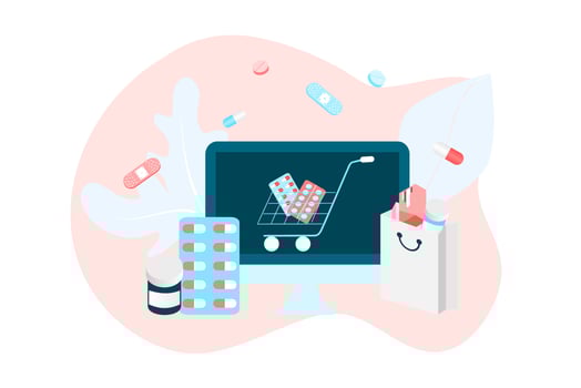 Online pharmacy app concept of healthcare, drugstore and e-commerce. Vector illustration of prescription drugs, first aid kit and medical supplies being sold online via web or computer technology.
