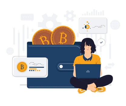Woman with laptop sit down in front of cryptocurrency wallet concept illustration vector