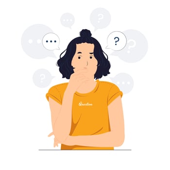 Girl with hand on chin feeling confused with question mark, thinking, and confused looking up with thoughtful focused expression concept illustration vector