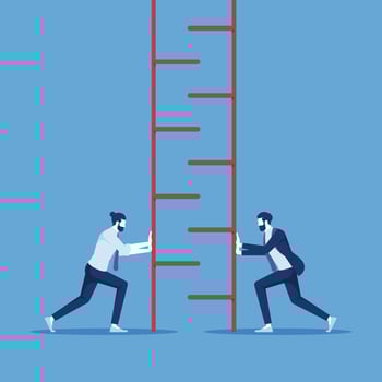Teamwork concept business people Symbol of working together, cooperation, partnership metaphor, two businessmen connecting part of ladder for lifting up vector